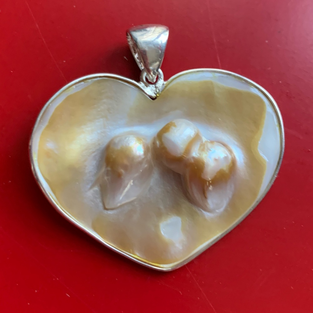 Mabe Blister Pearl In The Shell Heart-shaped Pendant Necklace 925 Silver Setting